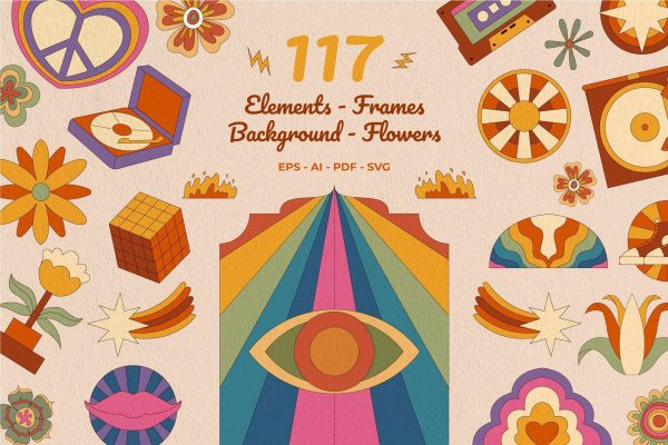 1703 复古高质量AI EPS矢量插图设计元素Retro Vintage Groovy 70s Hippie Elements Set