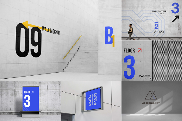 1784 6款导视指示牌墙面空间展示VI标志智能贴图样机展览厅PSD设计模板