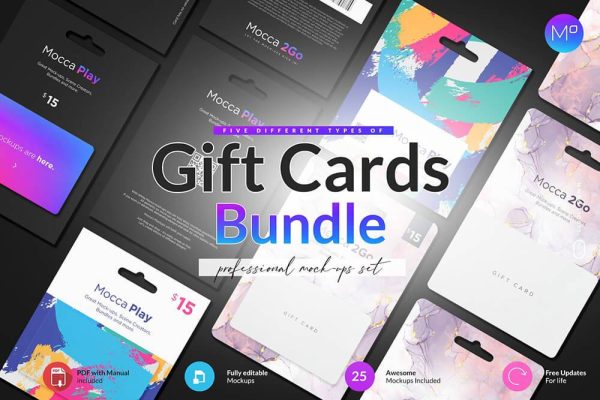 27 挂耳礼品卡品牌设计样机合集 (psd)Gift Cards 5 Top Types 25xMockups 6258039