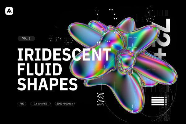 1800 72款3D虹彩抽象流体全息镭射有机形状PNG免抠设计素材 Iridescent fluid 3D shapes pack