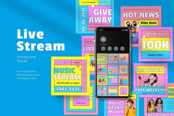 1862 复古波普风Ins风新媒体推广电商海报模板 Retro Live Stream Instagram Packs