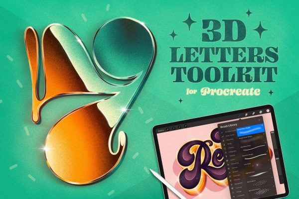 1974 立体金属钢笔光泽潮流风格3D字体ipad手绘美术插画procreate笔刷 3D LettersToolkit for Procreate