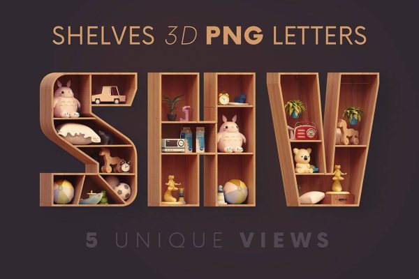 2060 3D书柜隔板艺术储物架字体模型PNG免抠素材包 Cabinet Shelves – 3D Lettering