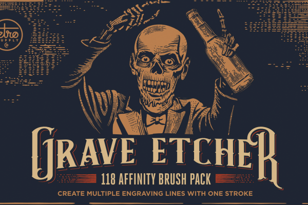 2094 Affinity雕刻风格的复古插图画笔笔刷素材包Grave Etcher Brush Pack