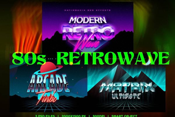 39 复古80年代反向蒸汽波金属街机文字效果一键生成PS样式 (psd)80s Retrowave Text Effects Vol.1 6435159