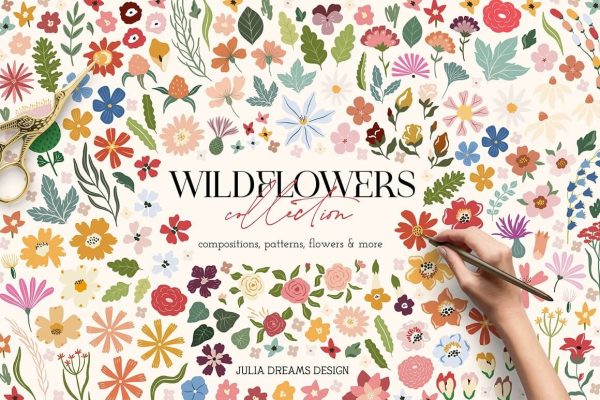 15 花朵系列无缝背景矢量图案手绘插画素材 (ai,eps)Wildflowers Collection 6635876