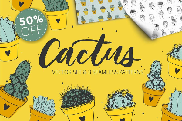 24 矢量仙人掌无缝背景插图素材 Handdrawn_cactus_vector_set