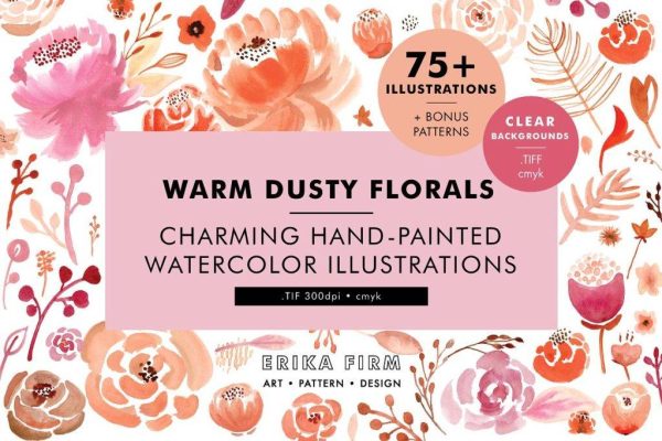 37 矢量手绘花卉水彩花朵无缝背景素材 Warm Dusty Watercolor Florals 1966376