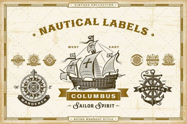 2198 复古插画航海时代矢量标签图标集合 Vintage Nautical Labels Collection