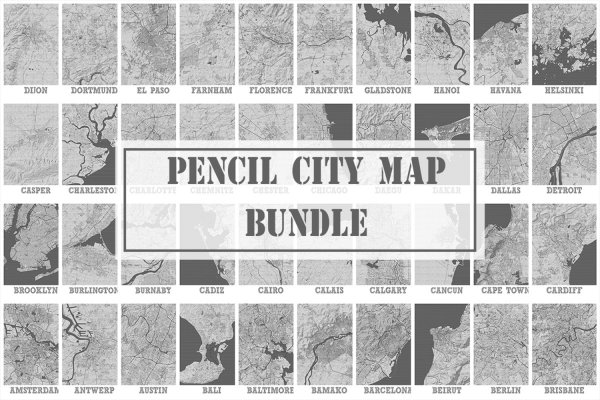 2314 100款铅笔手绘城市地图设计素材Pencil City Map Bundle