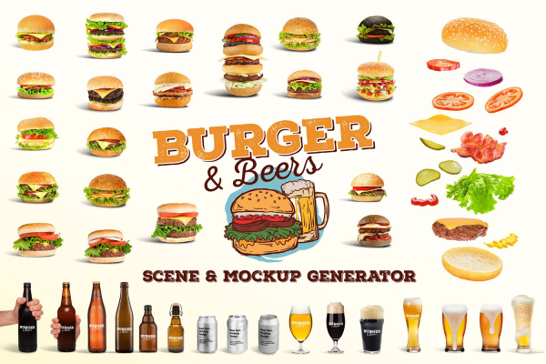 2335 啤酒汉堡品牌场景搭建PS模型素材包 Beer Mock-up Scene Creator by Relineo