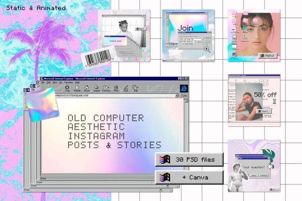 2456 潮流复古怀旧蒸汽波win95系统ins媒体公众号版式设计ps模板素材 Old Computer Insta template Ps Canva