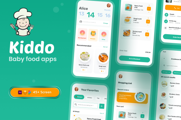 45个绿色极简风格婴儿食品APP UI Kit界面