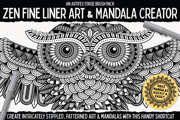2631 分形艺术AI矢量笔刷素材包 Zen Fine Liner Art & Mandala Creator