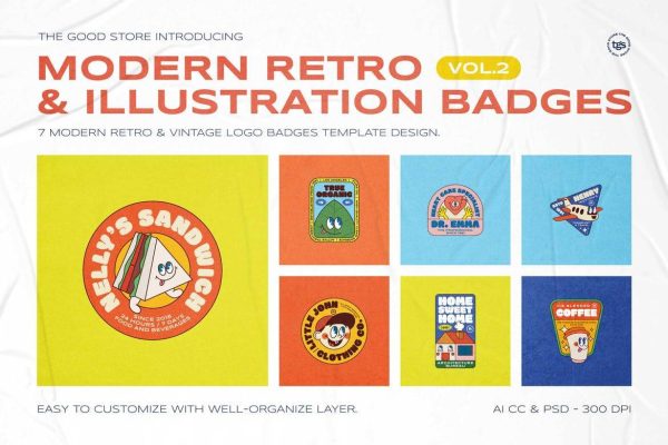 2846 7款复古标签贴纸徽章AI矢量源文件素材2Modern Retro Illustration Badges-果觅网GOOODME.COM