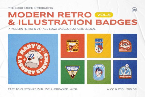 2848 7款复古标签贴纸AI矢量徽章源文件素材4Modern Retro Illustration Badges-果觅网GOOODME.COM