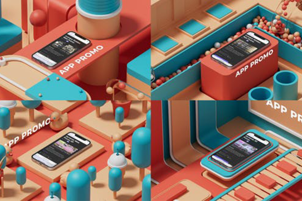 2988 UI作品集3D场景设计手机屏幕演示视频动画AE动态样机模版Isometric Phone Display