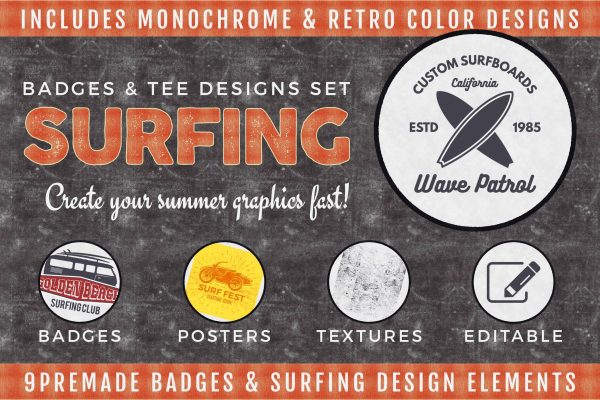 3024 复古冲浪矢量徽章和 T 恤设计夏季标志 Vintage Surfing Badges & Tee Designs Summer Logo