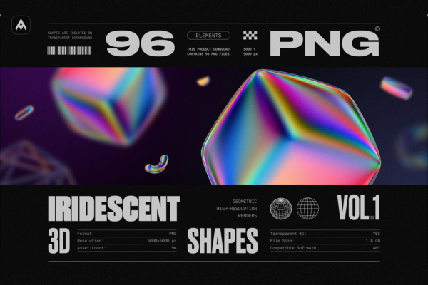 3066 未来科幻机能全息镭射彩虹3D立体金属几何png免抠图片素材 Iridescent geometric 3D shapes VOL