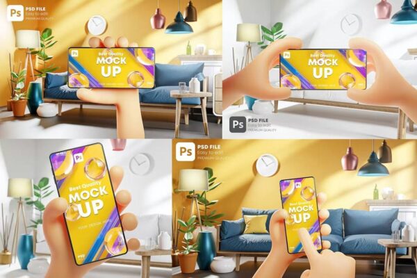 3180 4款可爱卡通小手持手机UI设计作品集演示PSD样机素材 Cute Hand Holding Phone on Living Room Bundle 3D