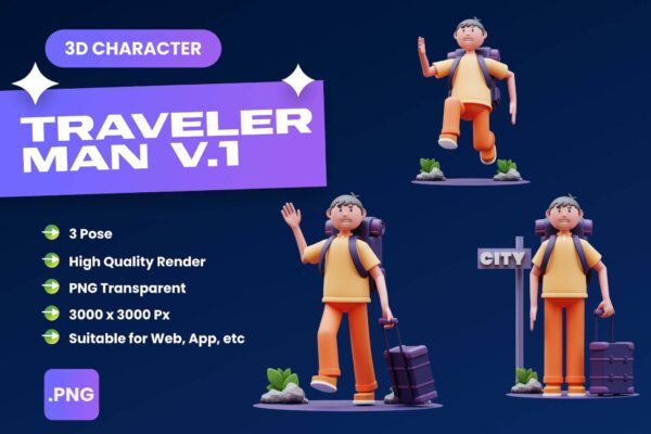 3205 9款旅行探险上学人物模型PNG免抠素材 Travel 3D Characters