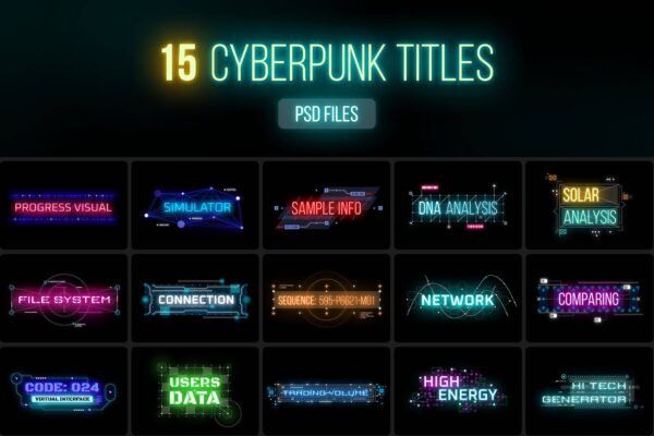 3216 15款赛博朋克标题对话框PS源文件素材 Cyberpunk Titles