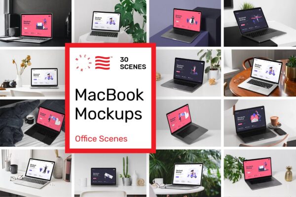 3232 30款苹果Macbook笔记本电脑ui界面贴图ps样机素材场景展示效果 MacBook Mockups – Workspace Mockups