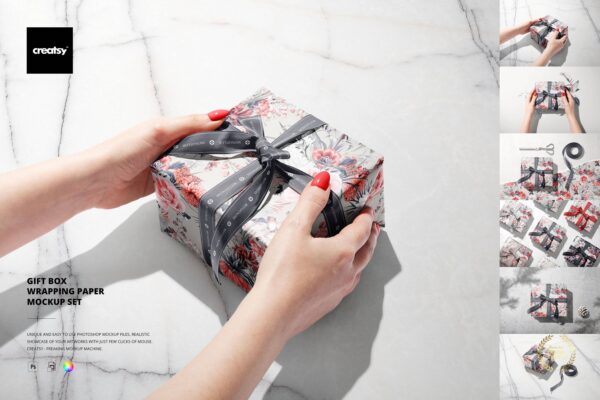 3325 手持礼物礼品盒丝带包装纸图案印花贴图设计ps样机素材展示效果 Gift Box Wrapping Paper Mockup
