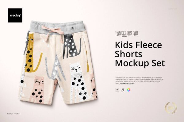 3382 儿童全棉休闲运动短裤童装印花图案设计贴图ps样机素材展示模板 Kids Fleece Shorts Mockup