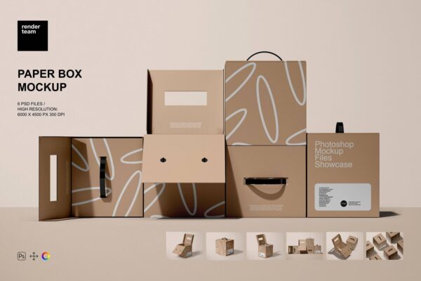 3361 6款牛皮纸正方形产品包装纸盒设计作品贴图ps样机素材展示模板 Paper Box Mockup Set
