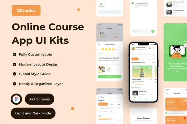 3524 42屏国外在线课程教育学习网课app界面设计ui套件明暗模板 Qstudies – Online Course App UI Kit