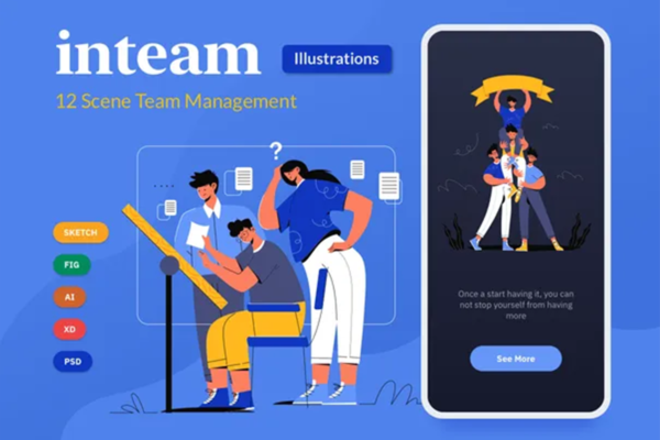 3553 团队合作管理手绘矢量卡通图片插画设计psd下载 Inteam – Team Management Illustration Set