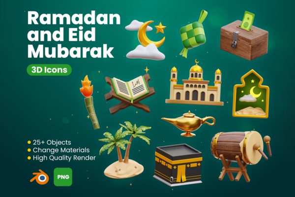 3568 西域穆斯林斋月印度阿拉丁3D立体卡通png免抠图片插图插画Blend素材 Ramadan and Eid Mubarak 3D Icons