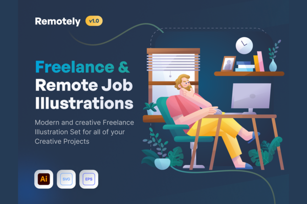 3572 12幅自由职业者居家远程办公员工工作插画图片Ai源文件 Remotely – Freelance & Remote Job Illustrations
