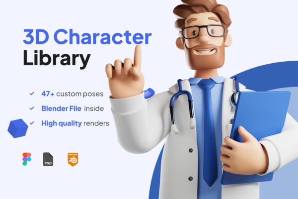 3579 46款3D立体卡通男医生大夫人物角色插图插画png免抠图片设计Blend素材 3D Character Doctor Installment Figma Blender UI KIT