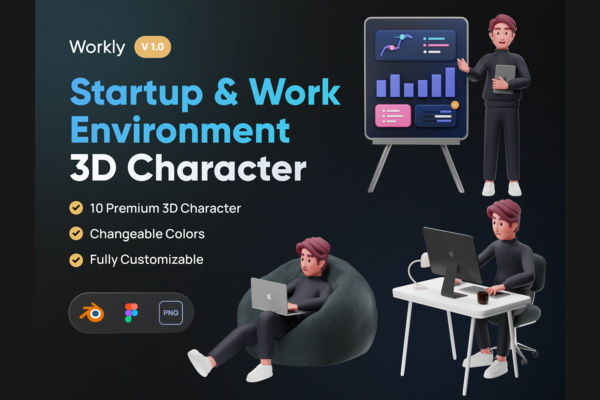 3585 10款3D立体卡通职场工作学习演讲人物插图插画png免抠图片Blend素材Workly – Startup & Work Environment 3D Character