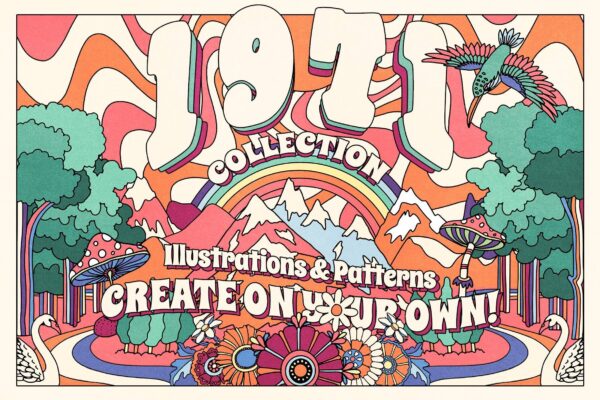 3595 70年代潮流复古撞色创意手绘艺术图案海报装饰插图插画ai设计素材 1971 Retro Graphic Collection