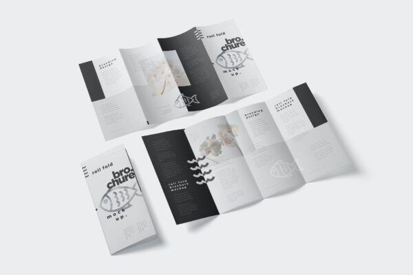3609 5款4折页宣传册设计PSD样机 Roll-Fold Brochure Mockup – DL DIN Lang Size