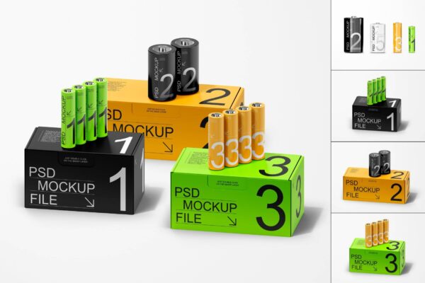 3830 4款电池纸盒时尚产品包装设计贴图ps样机素材展示效果图 Battery Packaging Mockup SetGOOODME.COM