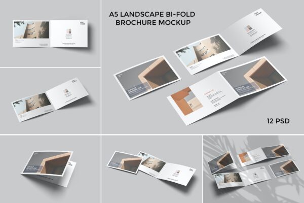 3912 12款A5品牌宣传小册子对折页设计空白贴图ps样机素材国外设计模板 A5 Landscape Bifold Brochure Mockup@GOOODME.COM