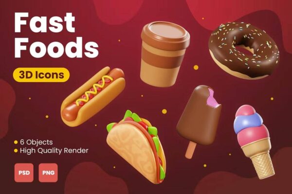 4259 6款汉堡热狗零食高清PNG免抠图标素材 Fast Foods 3D Illustration@GOOODME.COM