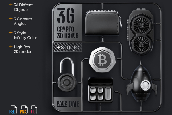 4275 36款3D立体卡通区块链金融加密货币icon图标插图插画ps分层设计素材 36 Crypto 3D icons@GOOODME.COM