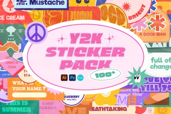 4327 100款复古怀旧Y2K千禧趣味卡通贴纸LOGO图标徽章徽标AI矢量设计套装Retro Y2K Stickers by Sixtysix Labs@GOOODME.COM
