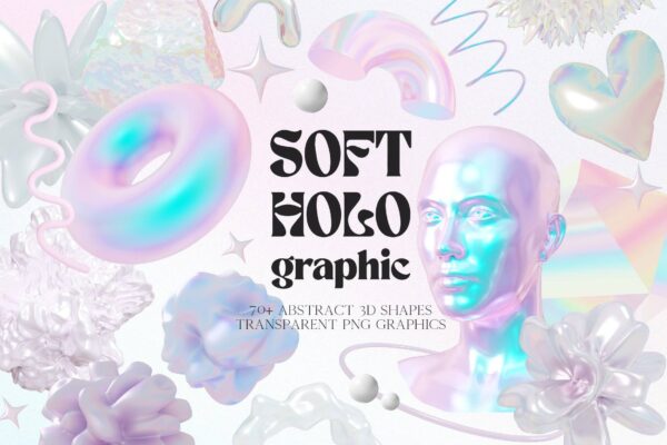 4375 74款未来科幻虹彩全息Y2K抽象艺术几何图形png免抠图片设计素材 Soft Holo 3D Shapes collection@GOOODME.COM