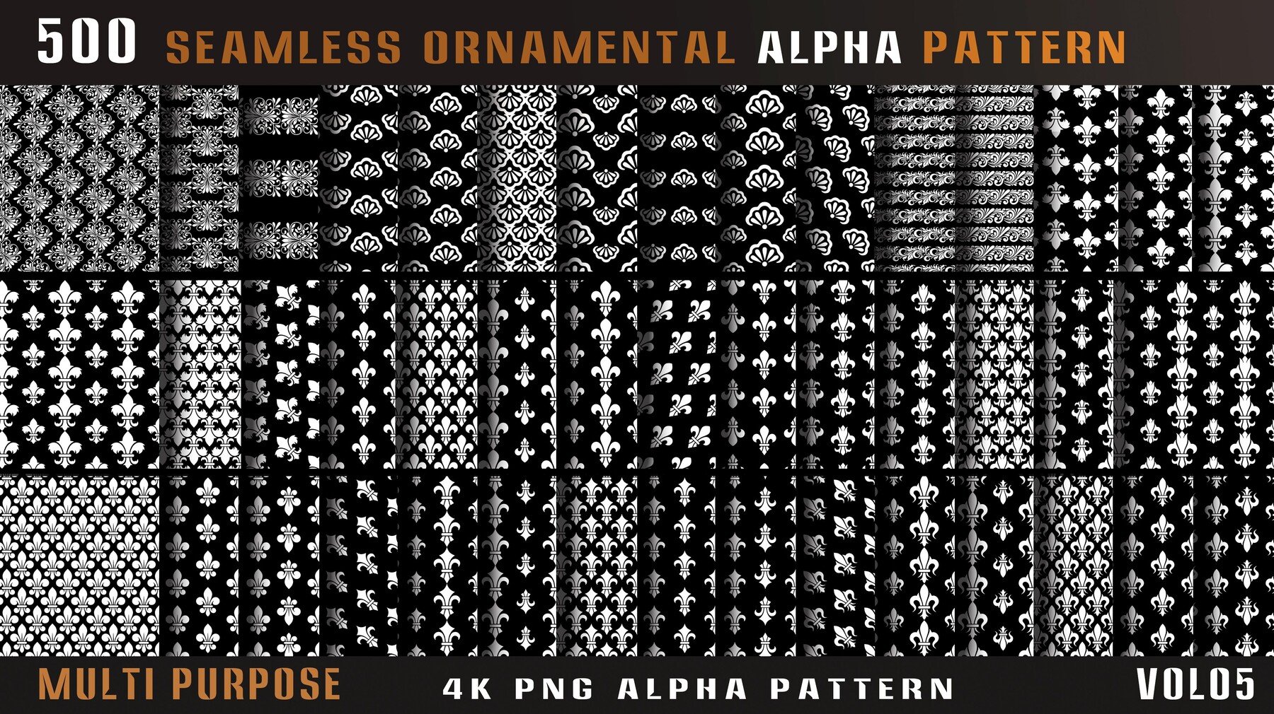 4435 500组刀剑相关边框图案4k高清装饰花纹Alpha贴图合集 500 seamless ornamental alpha pattern-Vol05