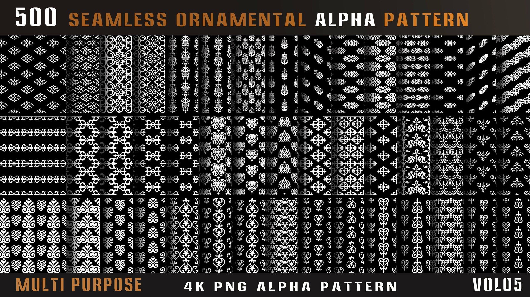 4435 500组刀剑相关边框图案4k高清装饰花纹Alpha贴图合集 500 seamless ornamental alpha pattern-Vol05