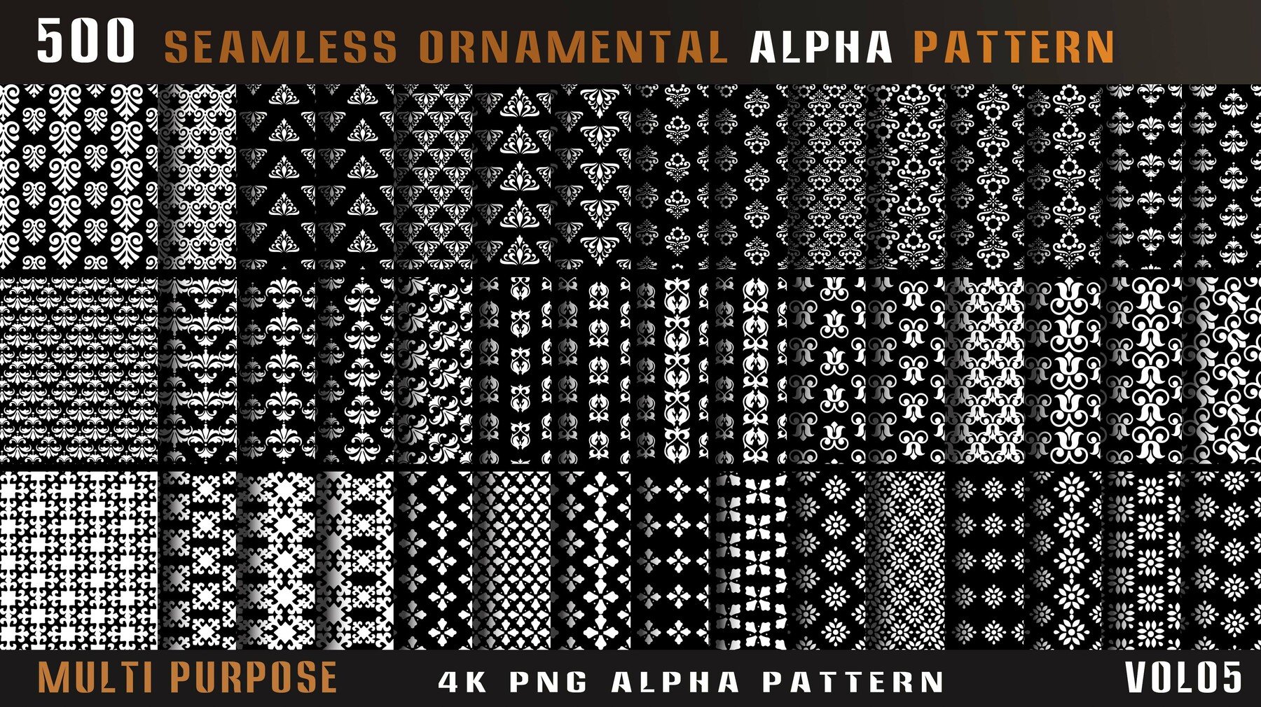 4435 500组刀剑相关边框图案4k高清装饰花纹Alpha贴图合集 500 seamless ornamental alpha pattern-Vol05