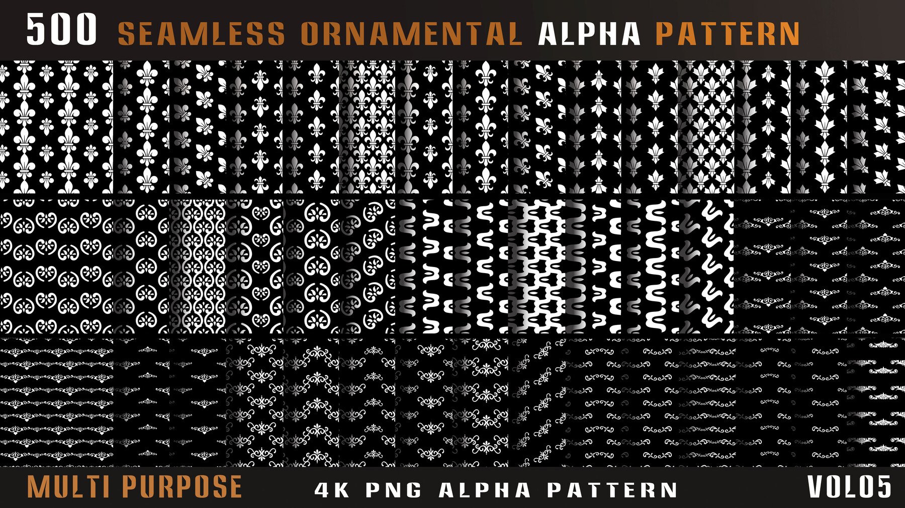 4435 500组刀剑相关边框图案4k高清装饰花纹Alpha贴图合集 500 seamless ornamental alpha pattern-Vol05