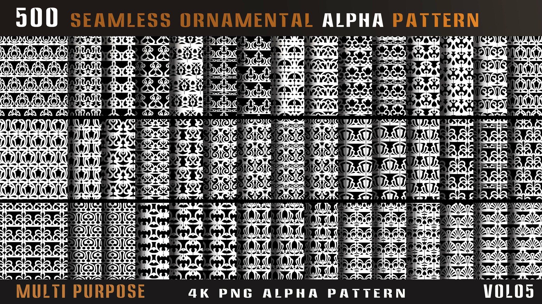 4435 500组刀剑相关边框图案4k高清装饰花纹Alpha贴图合集 500 seamless ornamental alpha pattern-Vol05