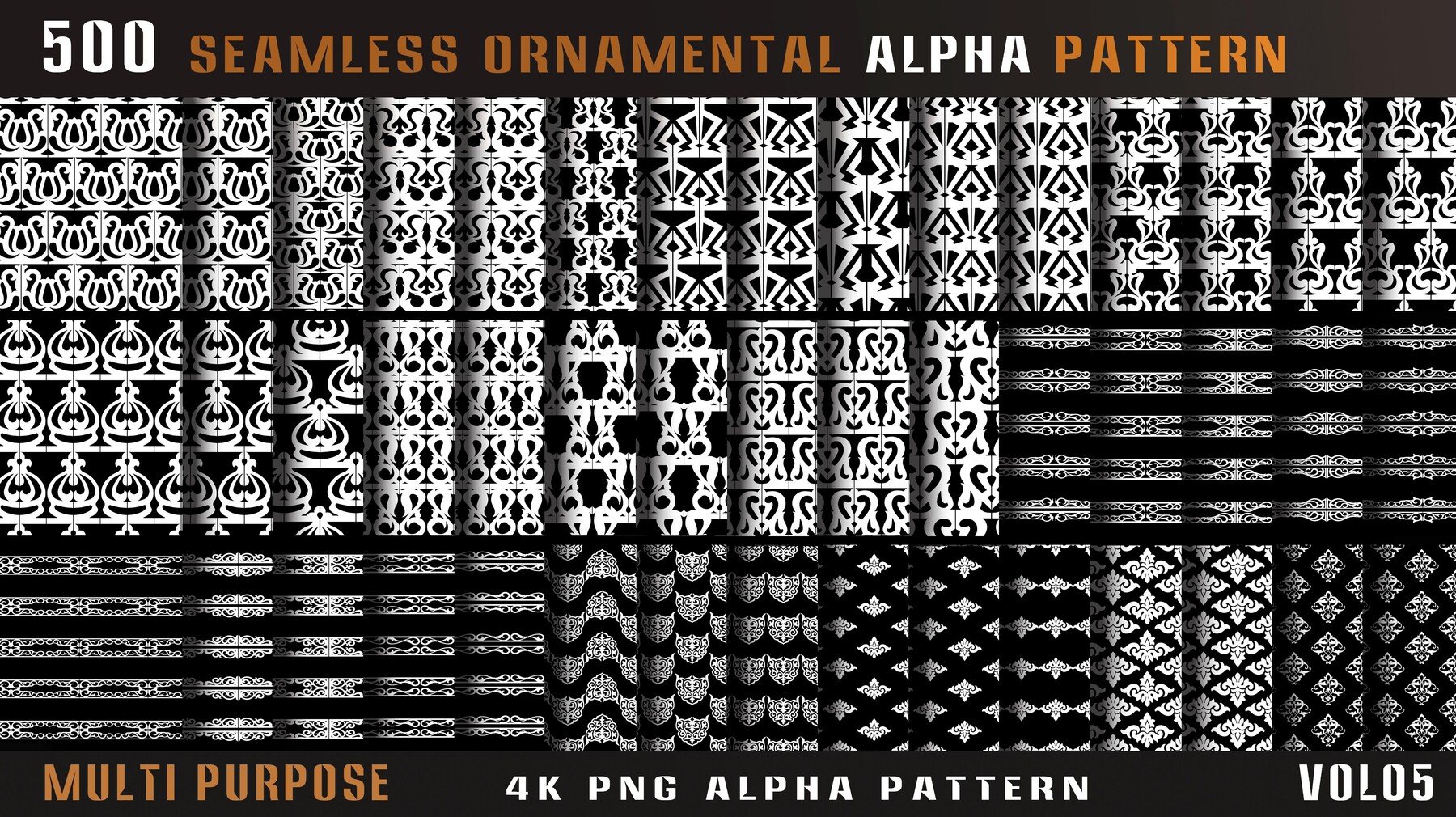 4435 500组刀剑相关边框图案4k高清装饰花纹Alpha贴图合集 500 seamless ornamental alpha pattern-Vol05